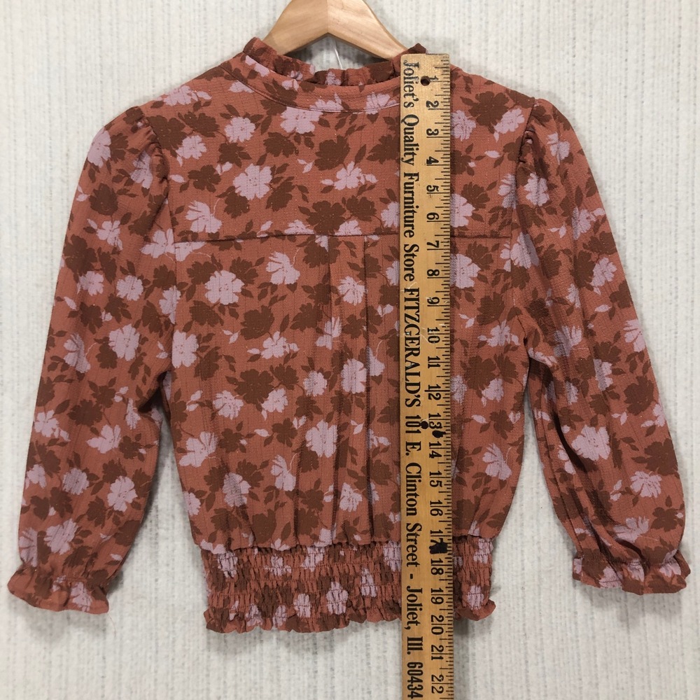 Monteau Los Angeles Floral Print Blouse Smocked Waist Ruffle Trim Copper - Picture 7 of 9